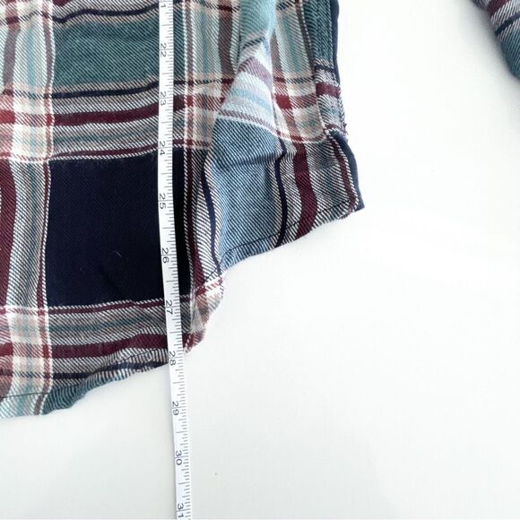 Dex Shirt Plaid Top Teal Black Burgundy Button Up Curved Bottom Women's M Rayon - Picture 7 of 9